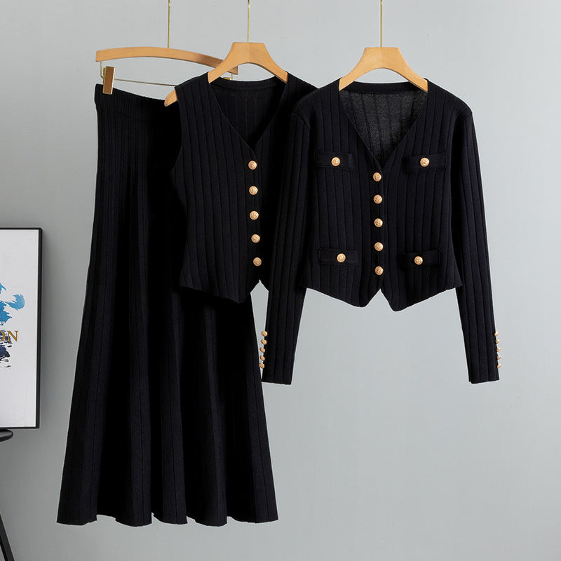 Black – Knit Cardigan Vest Three Piece Set.