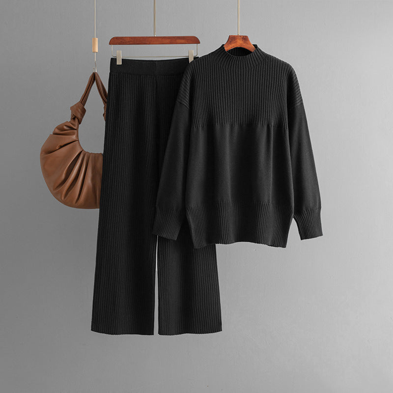 Black high collar solid color two piece suit