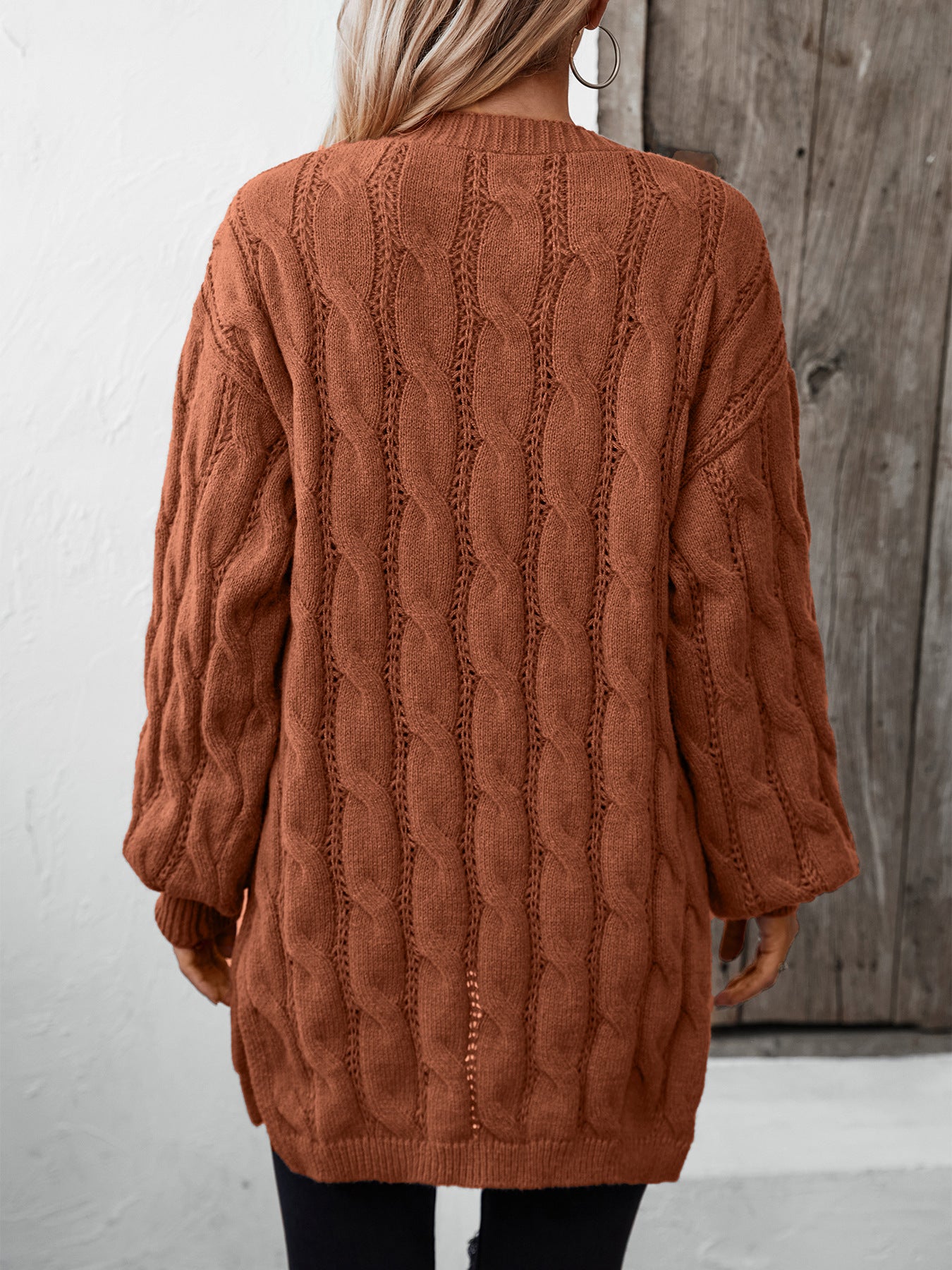 Retro Loose Mid-Length Cardigan Sweater - Rust Red