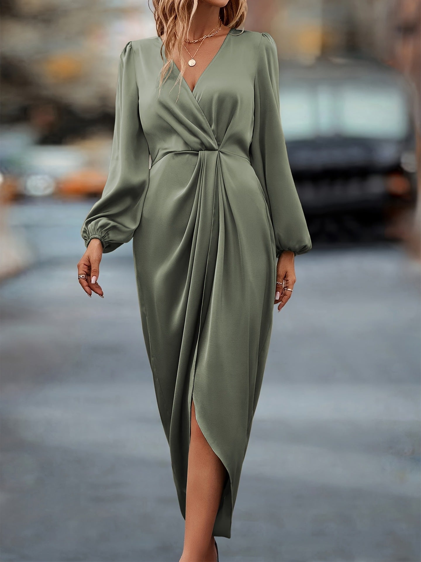 Moss Green Puff Sleeve Midi Dress