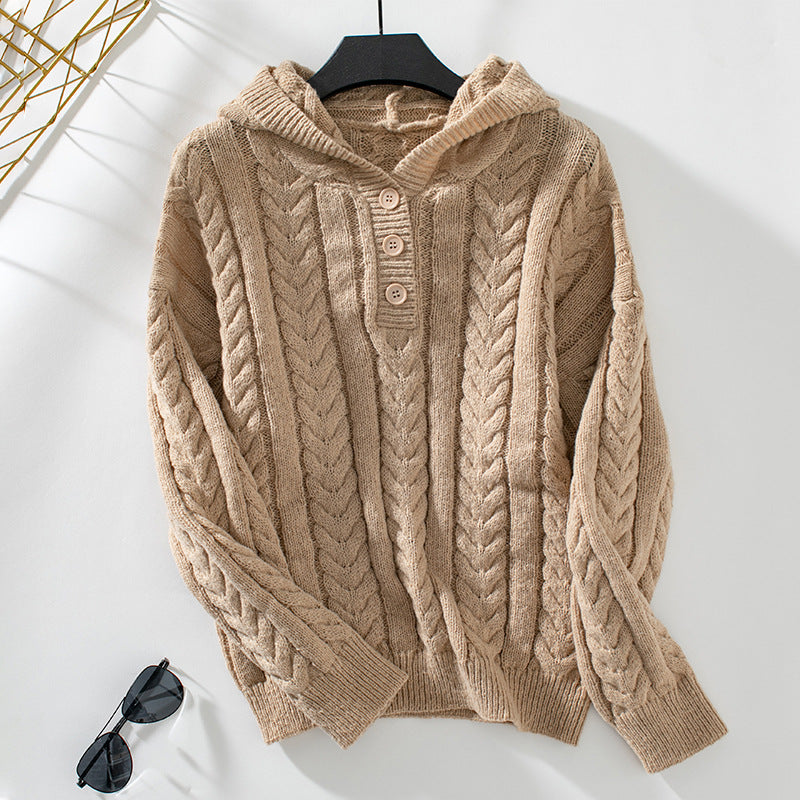 Hooded Pullover Button Sweater - Khaki