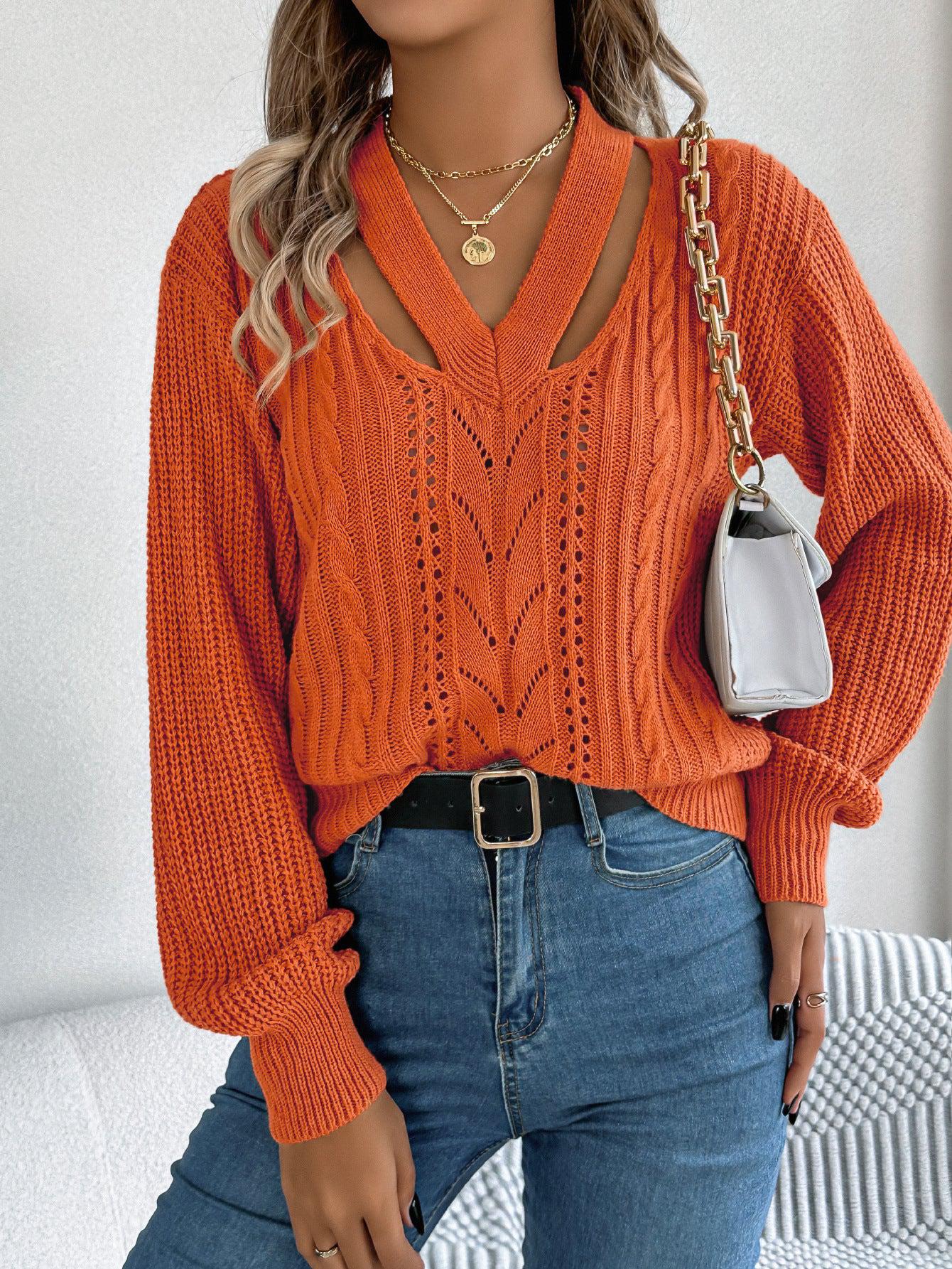 Orange Plain Long Sleeve Sweater