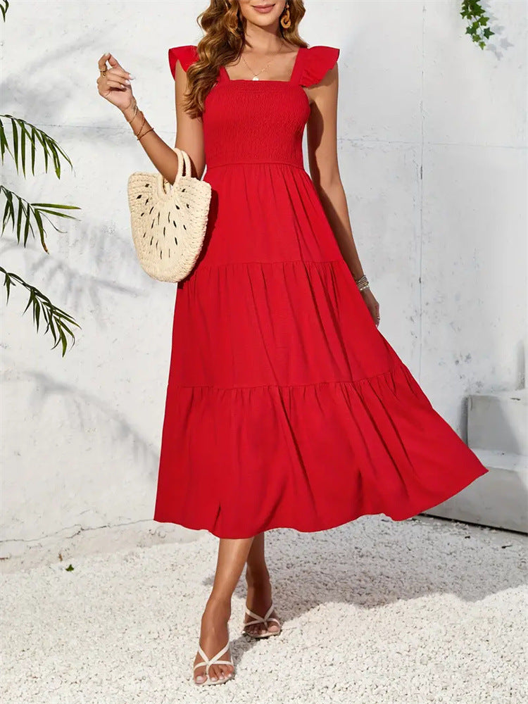 Red Spaghetti Strap Tiered Dress