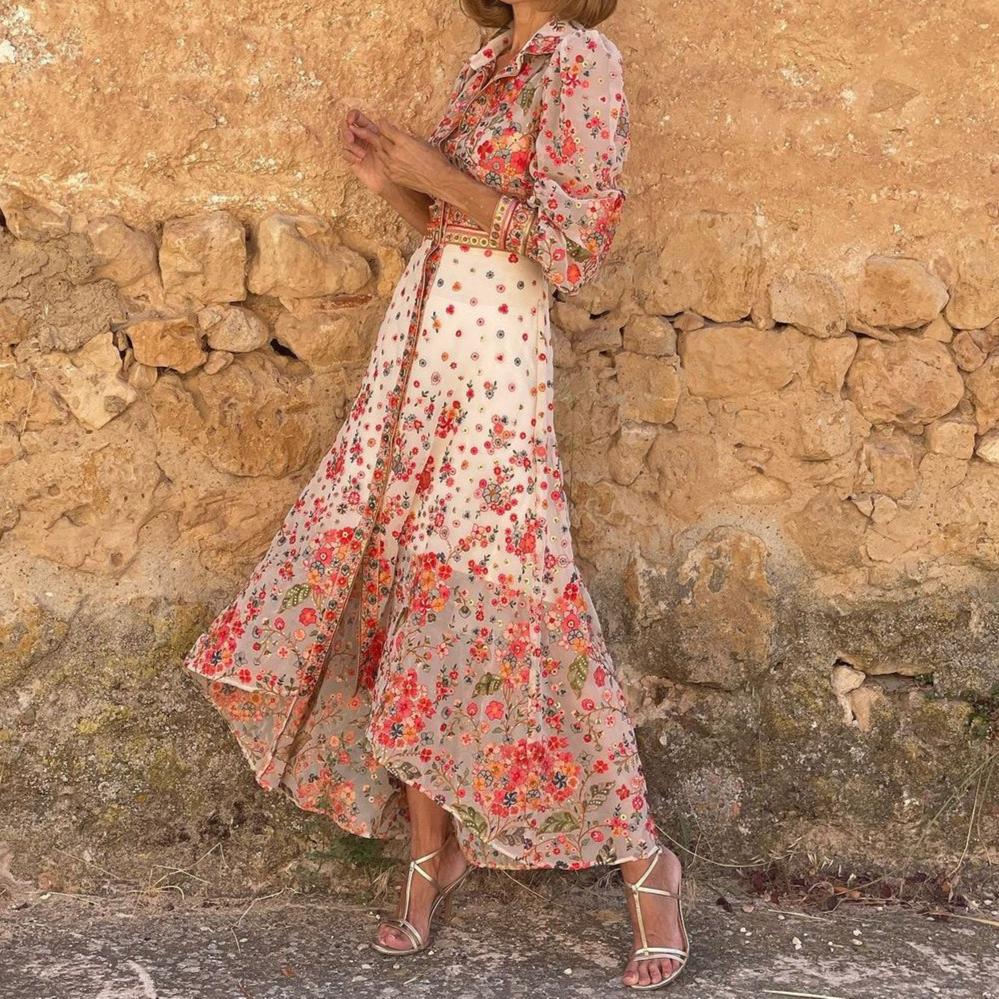 Elegant Floral Print Collared Maxi Dress