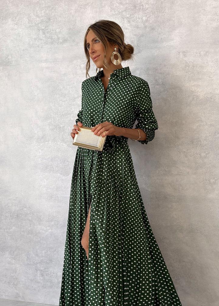 Green Print Long Sleeve Maxi Dress