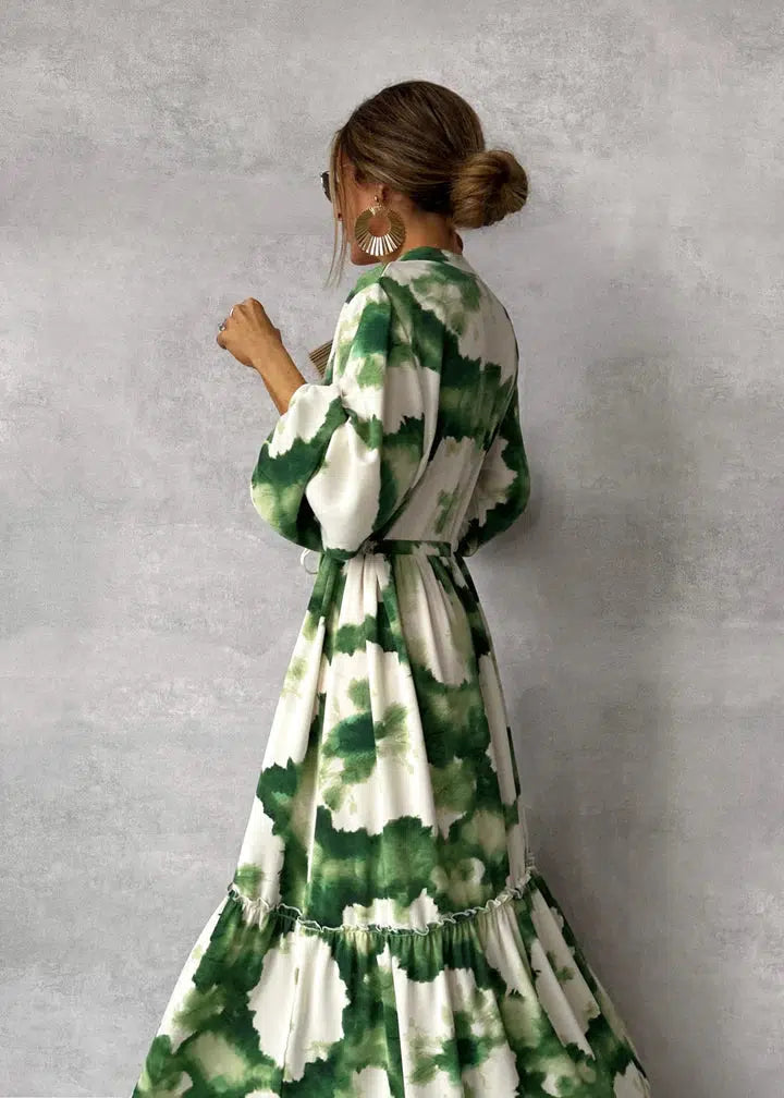 Green Long Sleeve V-Neck Maxi Dress