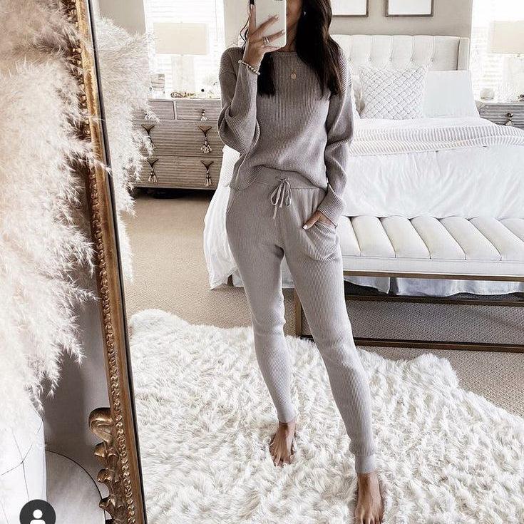 Grey Plain Long Sleeve Two Piece Set