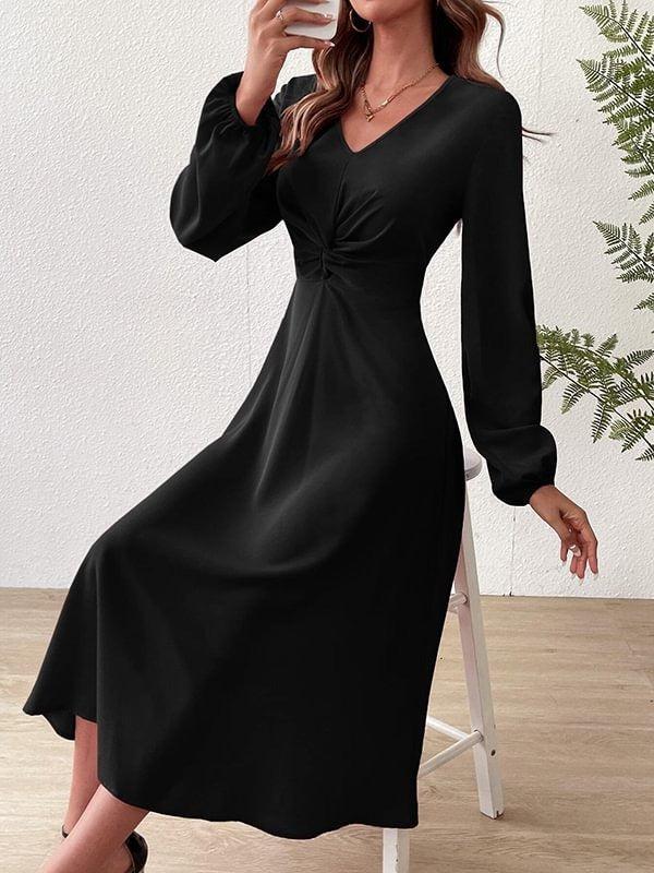 Black Plain Long Sleeve Midi Dress