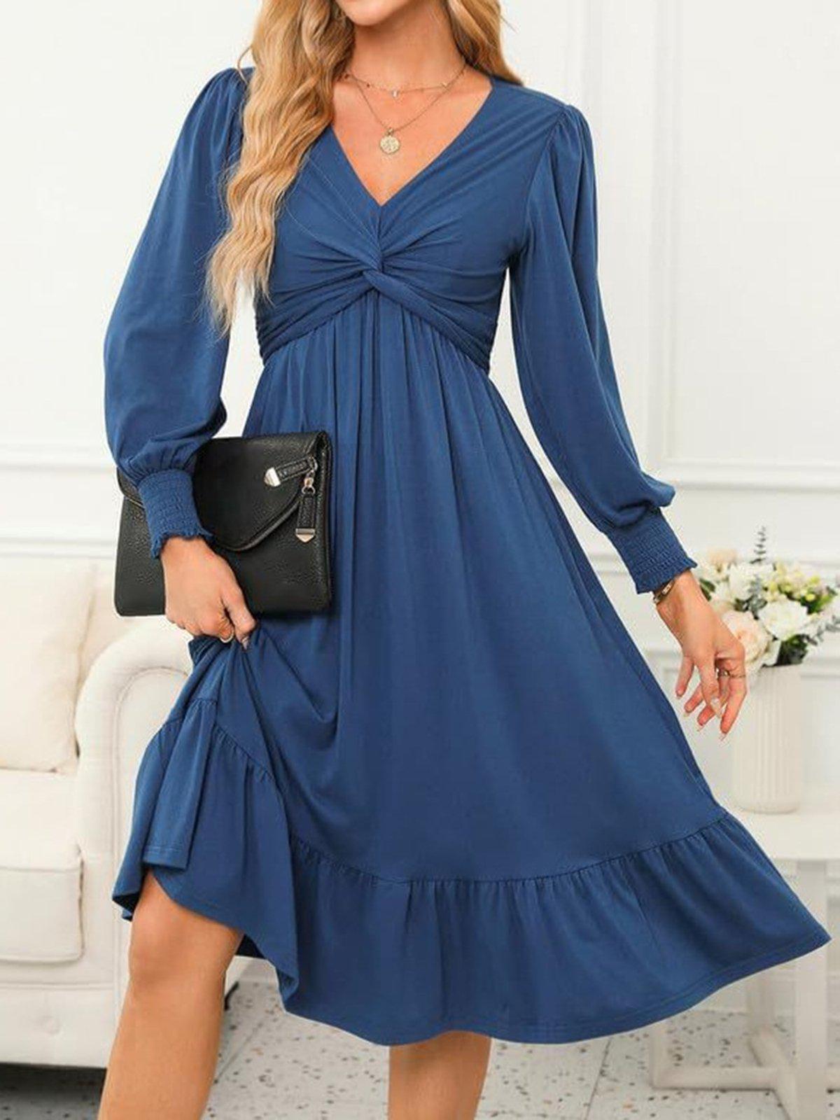 Blue Long Sleeve Plain Mini Dress