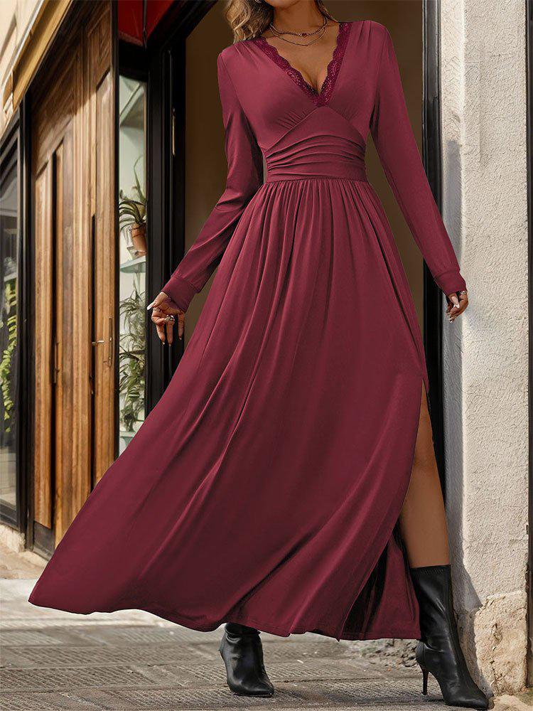 Romantic Red Plain V-Neck Maxi Dress