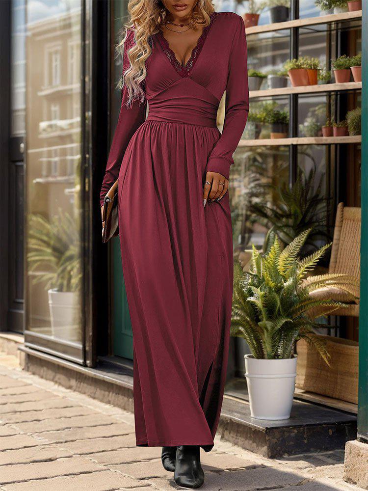 Romantic Red Plain V-Neck Maxi Dress