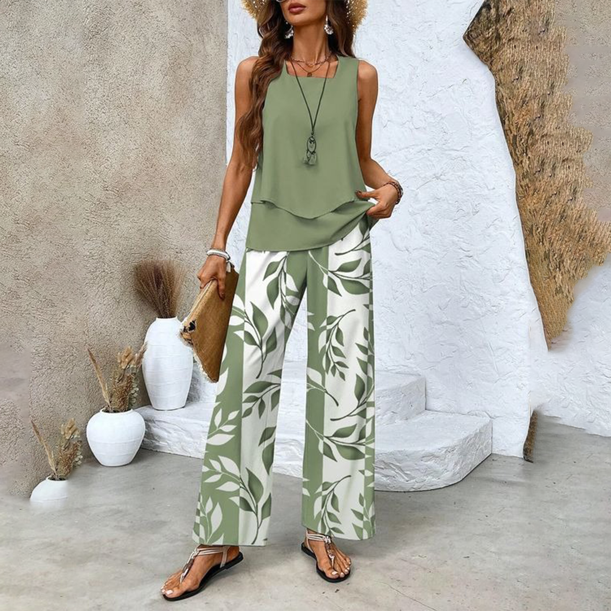 Green Plant Print Square Neck Two Piece Set