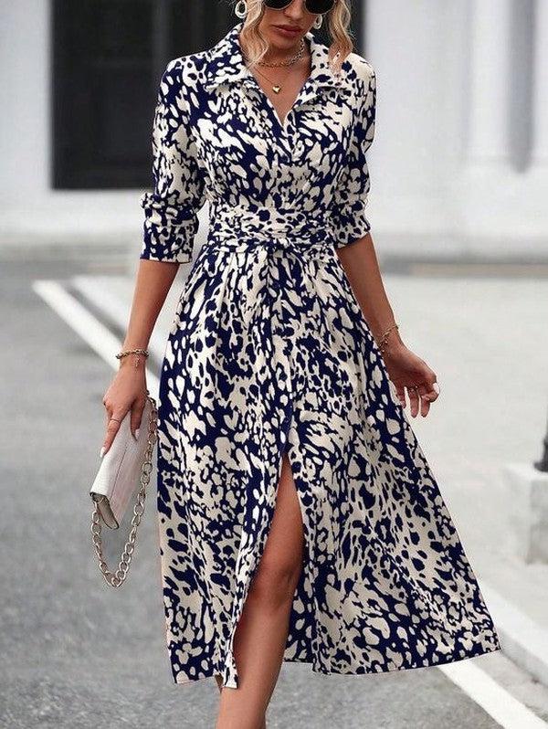 Navy Collared Long Sleeve Midi Dress