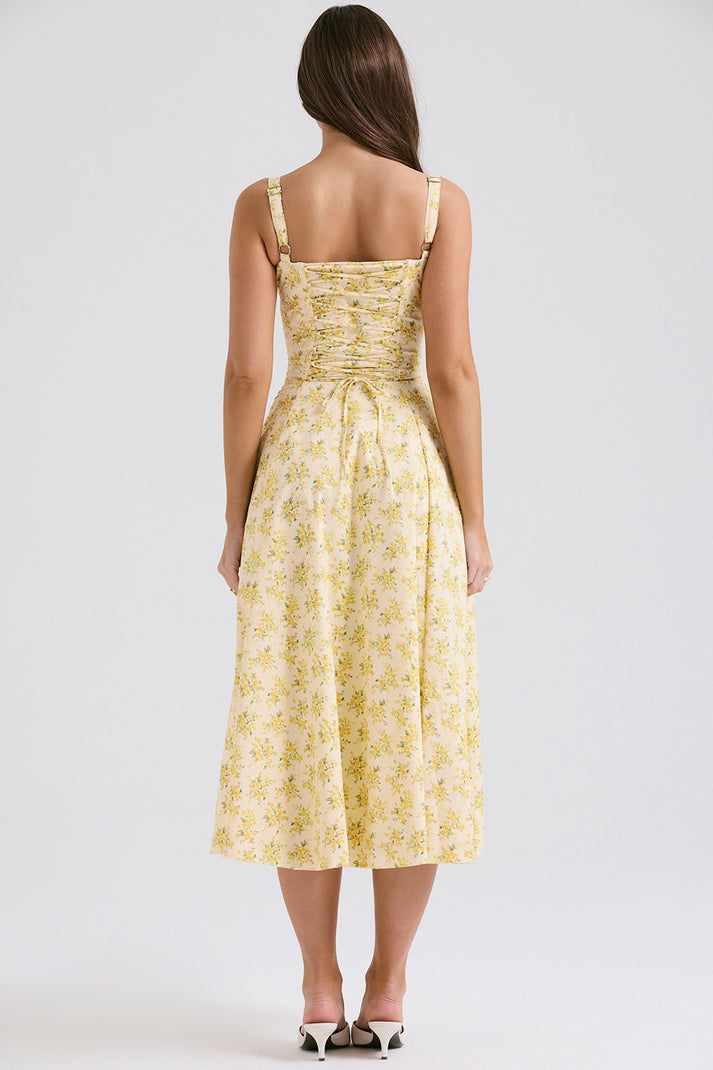 Novelty Yellow V Neck Hollow Out Cotton Spaghetti Strap Dress Sleeveless