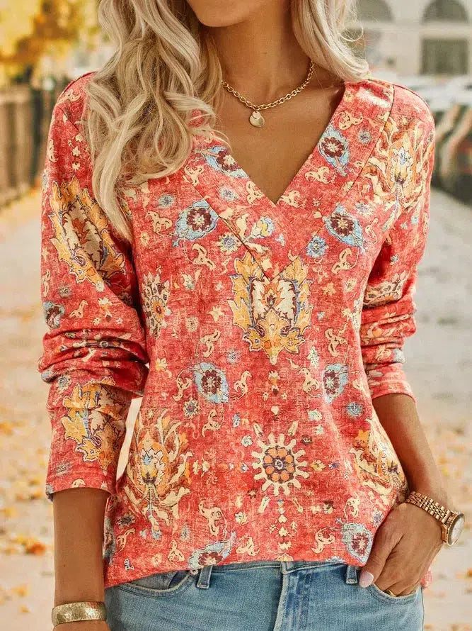 Boho Summer Flower Red V-Neck Top