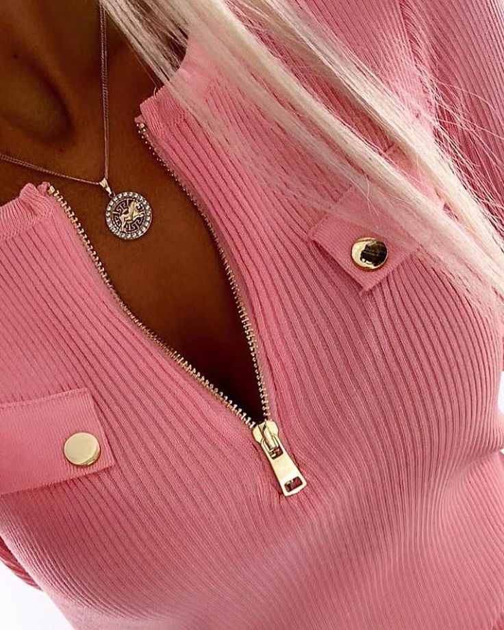 Sweet Pink Plain Zip V-Neck Knit Top