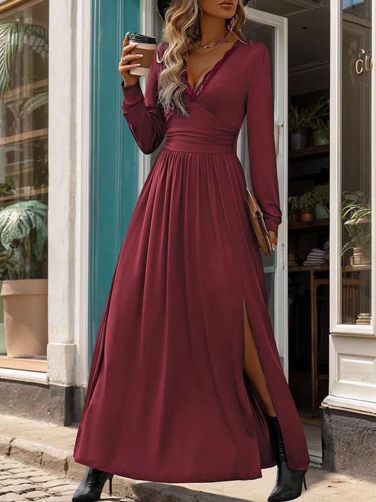 Romantic Red Plain V-Neck Maxi Dress