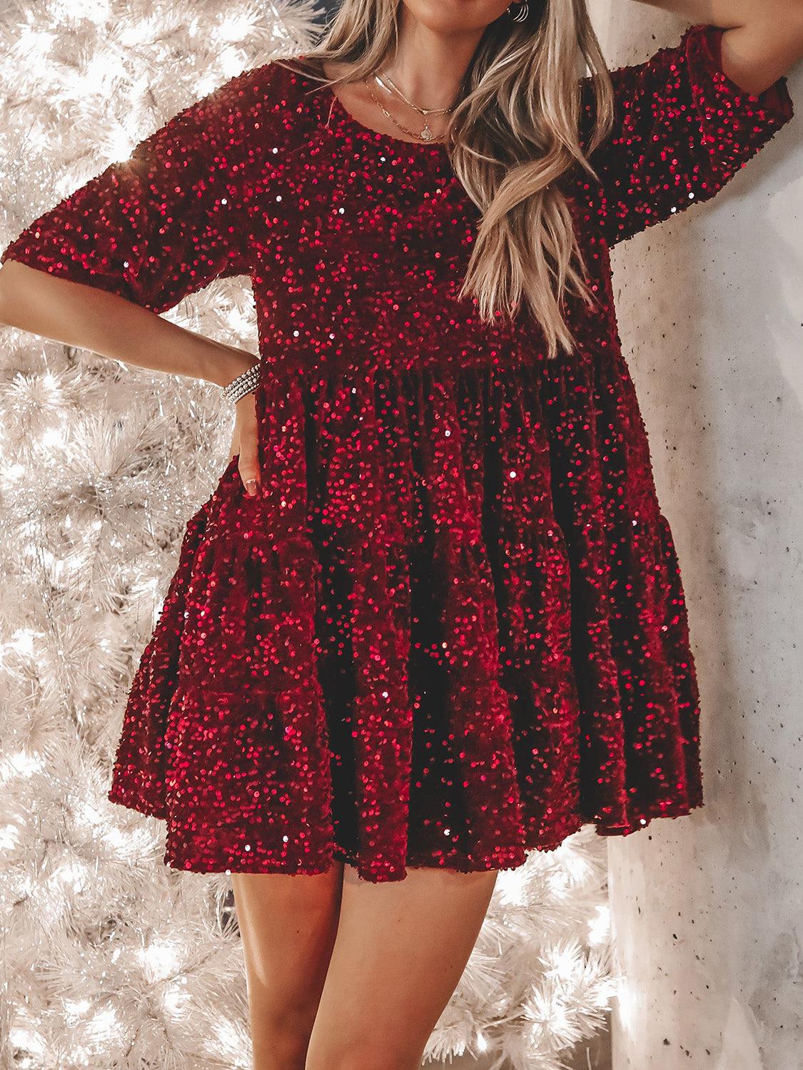 Red Short Sleeve Round Neck Mini Dress