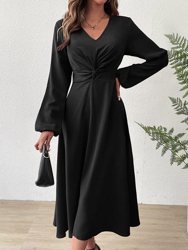 Black Plain Long Sleeve Midi Dress