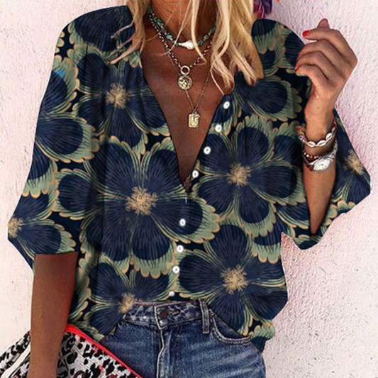 Navy 3/4 Sleeve Floral Print Top