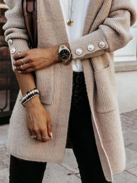 Khaki Plain Collarless Long Sleeve Cardigan