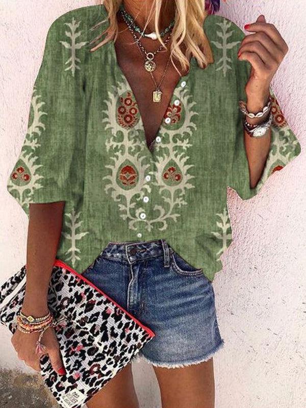 Boho Green Plunging V-Neck Blouse