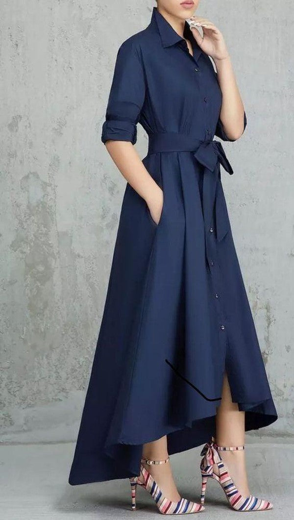 Navy Plain V-Neck Maxi Dress