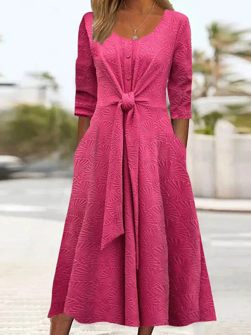 Dreamy Rose Red Plain Long Sleeve Midi Dress