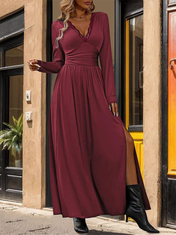 Romantic Red Plain V-Neck Maxi Dress