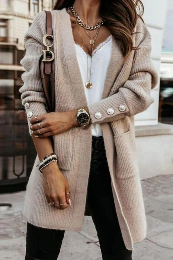 Khaki Plain Collarless Long Sleeve Cardigan