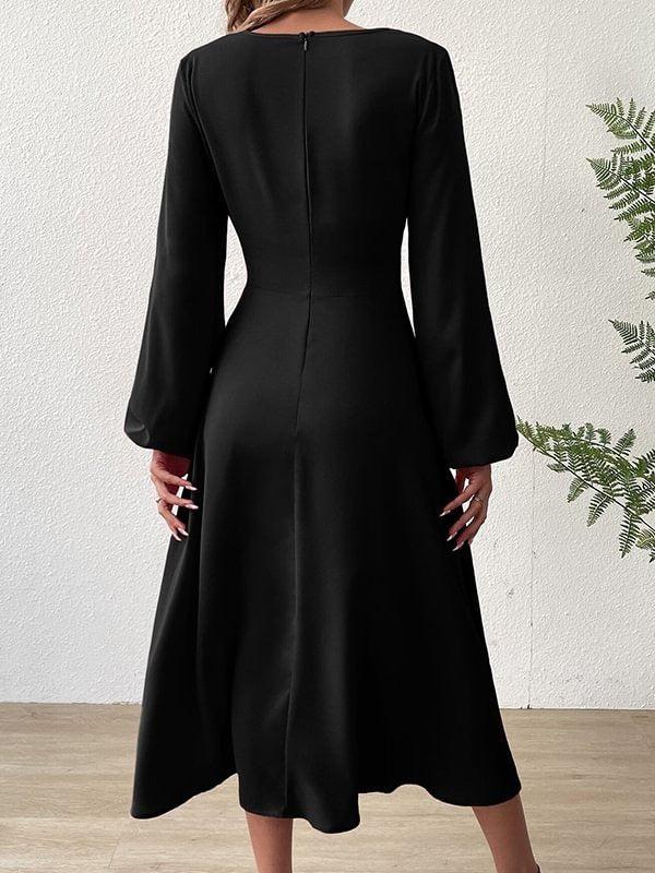 Black Plain Long Sleeve Midi Dress