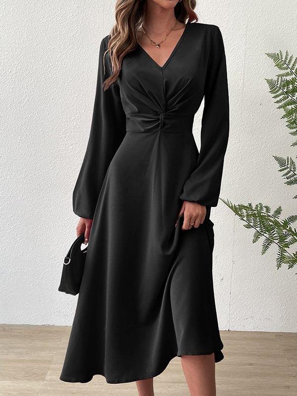 Black Plain Long Sleeve Midi Dress