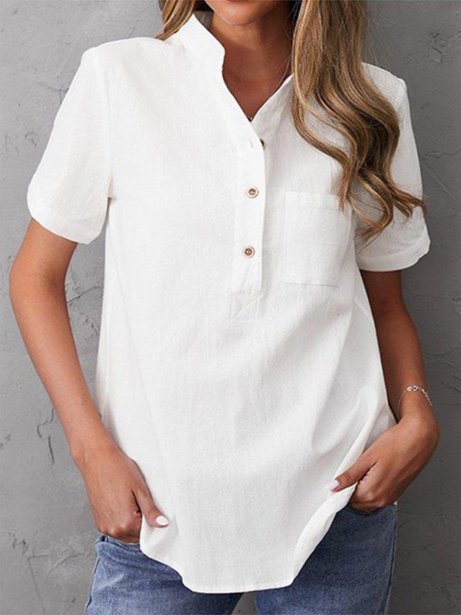 Basic Plain White Button Front Short Sleeve Top