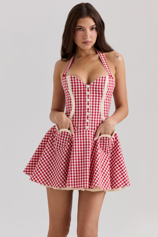 Red - Elegant Halter Lace-Panel A-Line Dress
