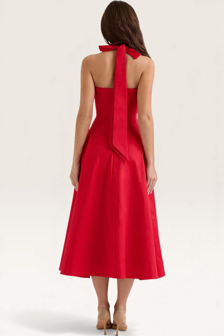 Red - Backless Halter Slim Fit Dress