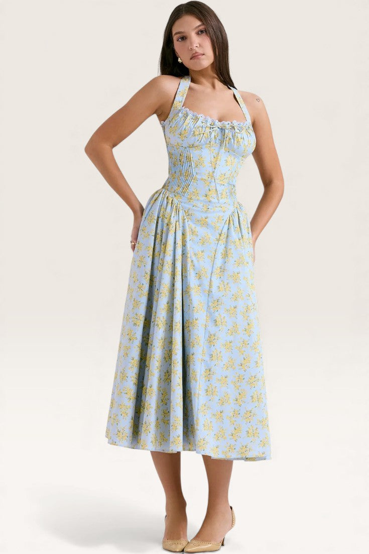 Blue - Sexy Floral Halter Neck Dress