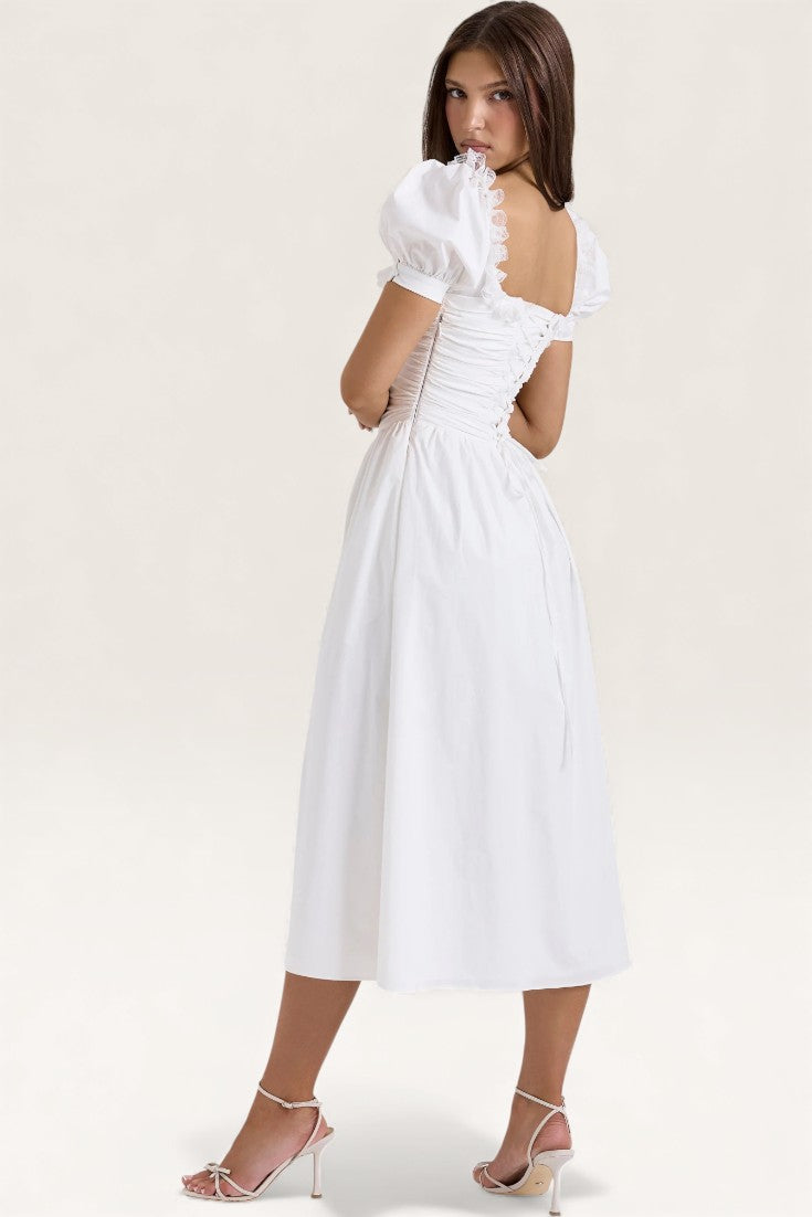 White – Sweet Lace-Panel A-Line Dress