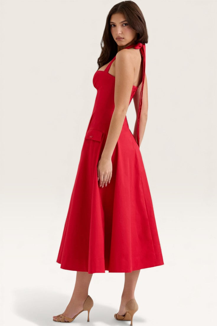 Red - Backless Halter Slim Fit Dress