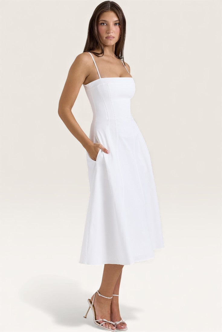 White - Chic Waist-Defined Spaghetti Strap Maxi Flare Dress
