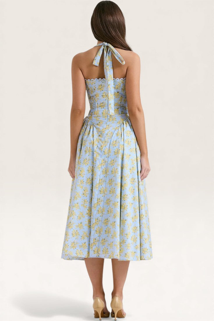Blue - Sexy Floral Halter Neck Dress