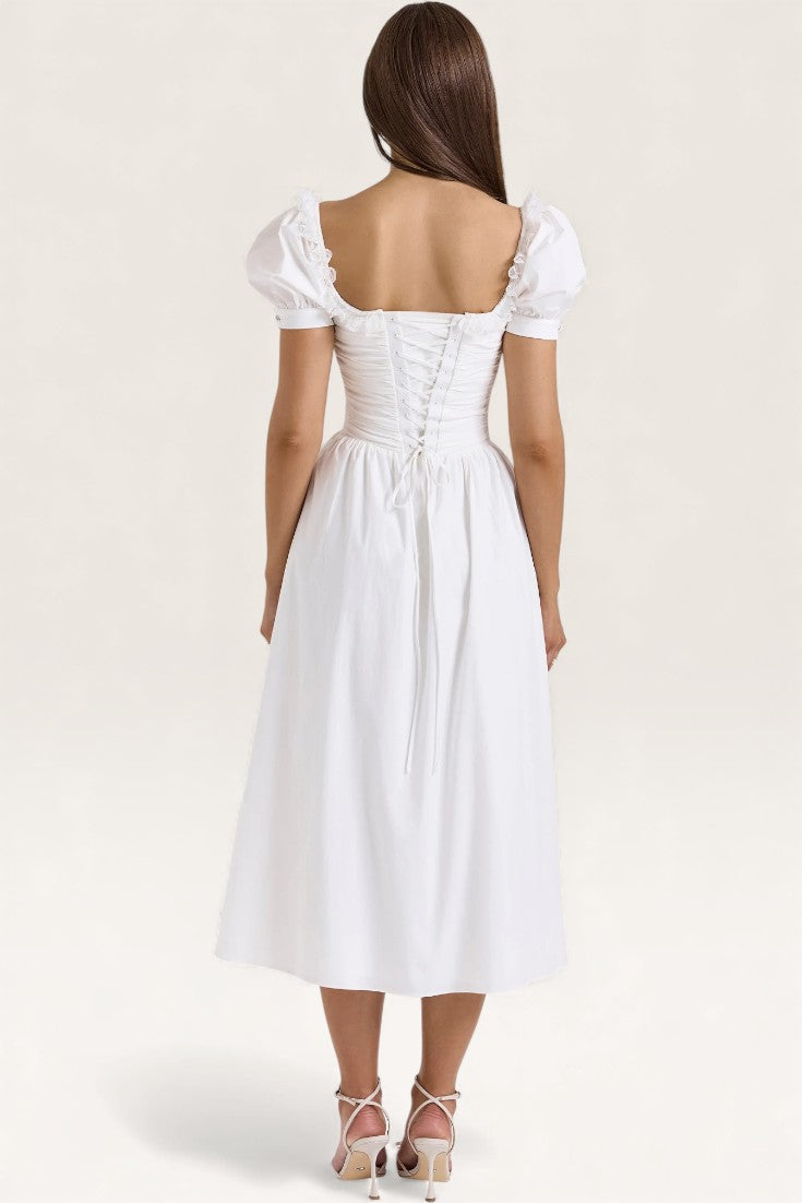 White – Sweet Lace-Panel A-Line Dress