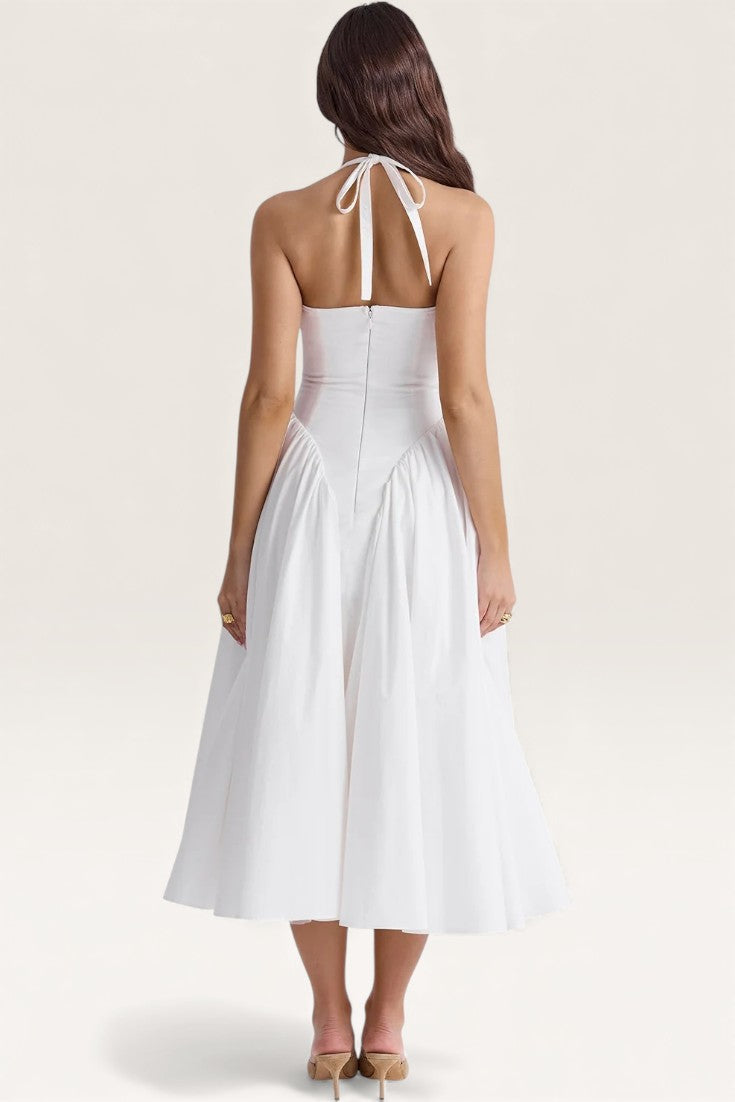 White – Elegant Halter V-Neck Flowy Dress