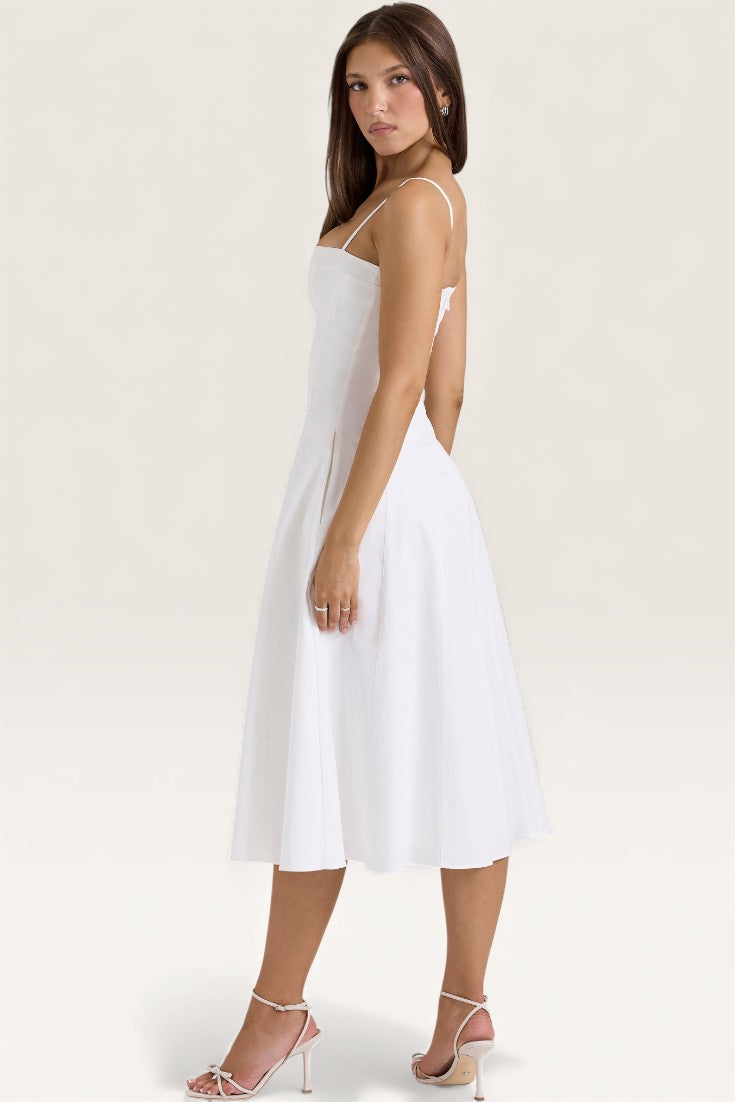 White - Chic Waist-Defined Spaghetti Strap Maxi Flare Dress