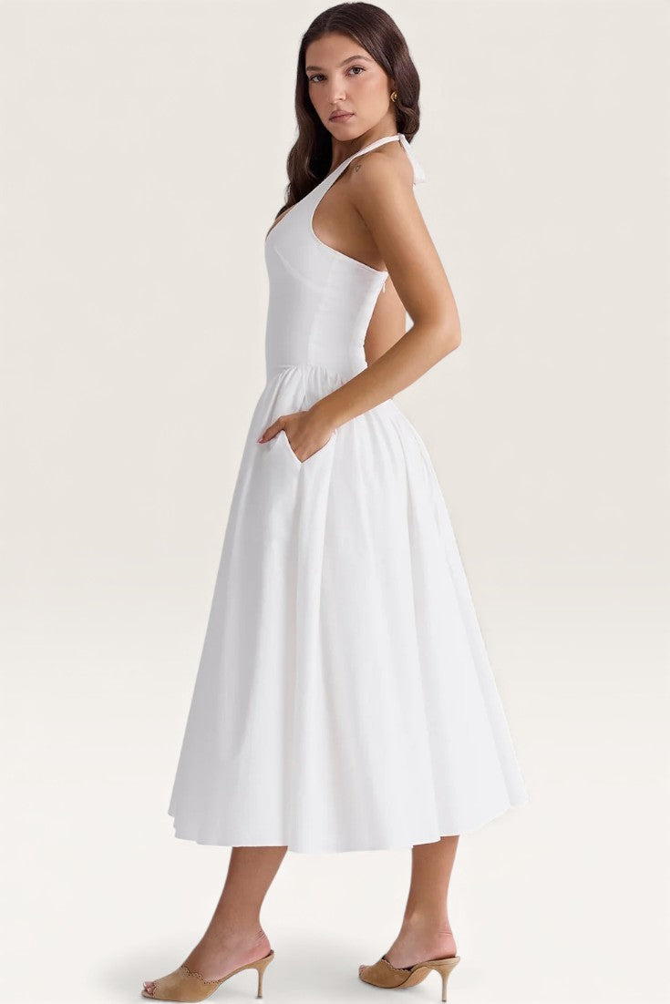 White – Elegant Halter V-Neck Flowy Dress