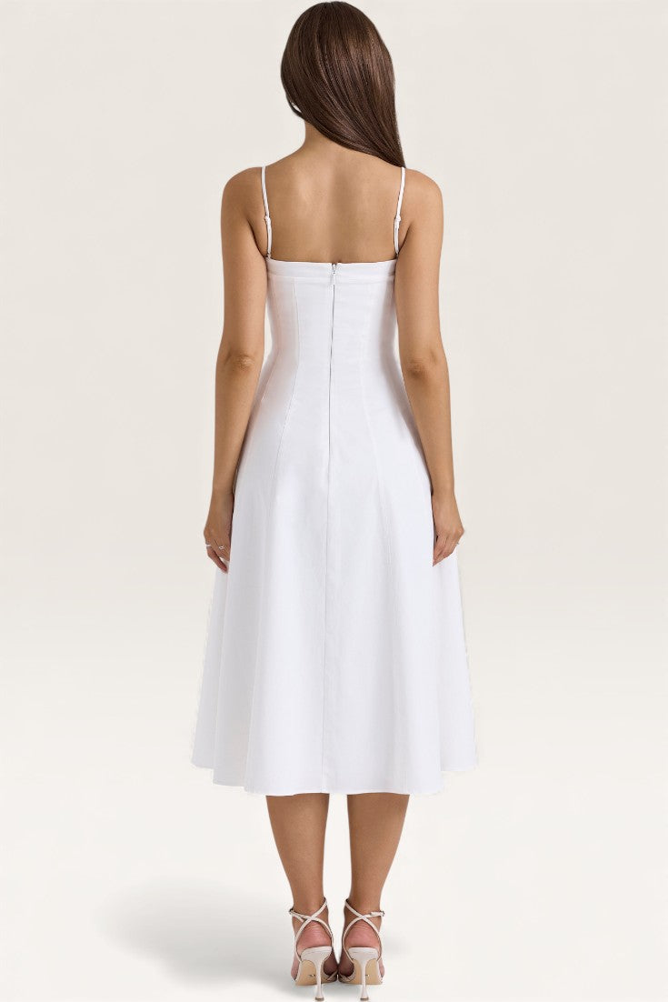 White - Chic Waist-Defined Spaghetti Strap Maxi Flare Dress