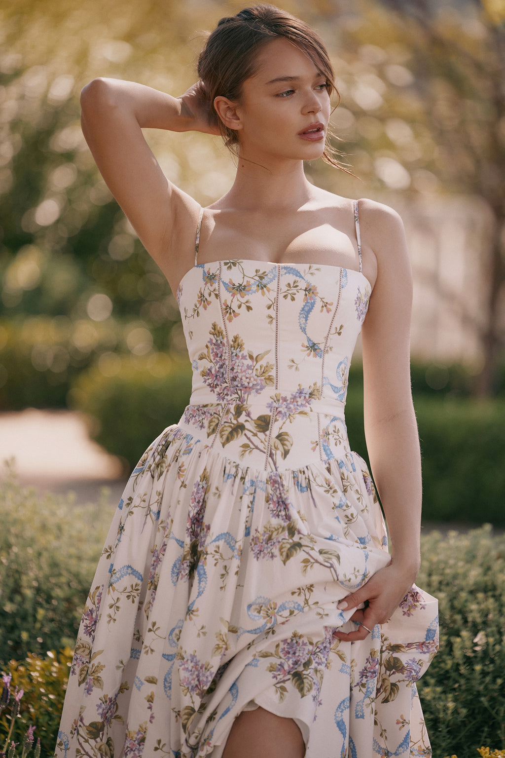 White – Floral Strapless Waist-Cinched Dress
