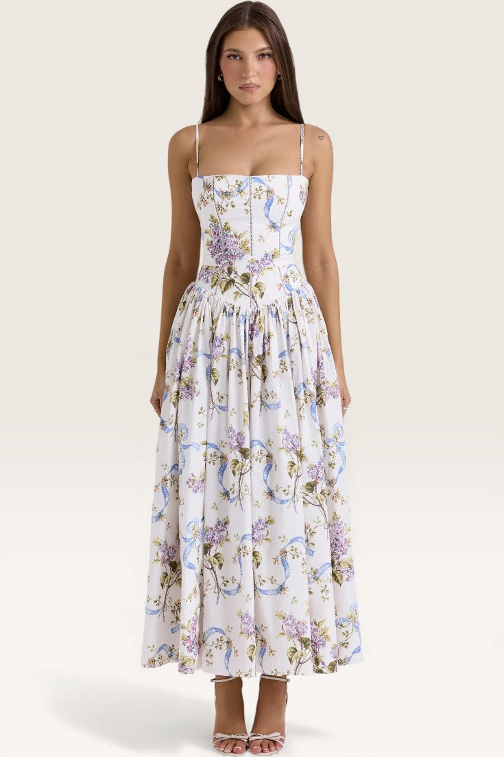 White – Floral Strapless Waist-Cinched Dress