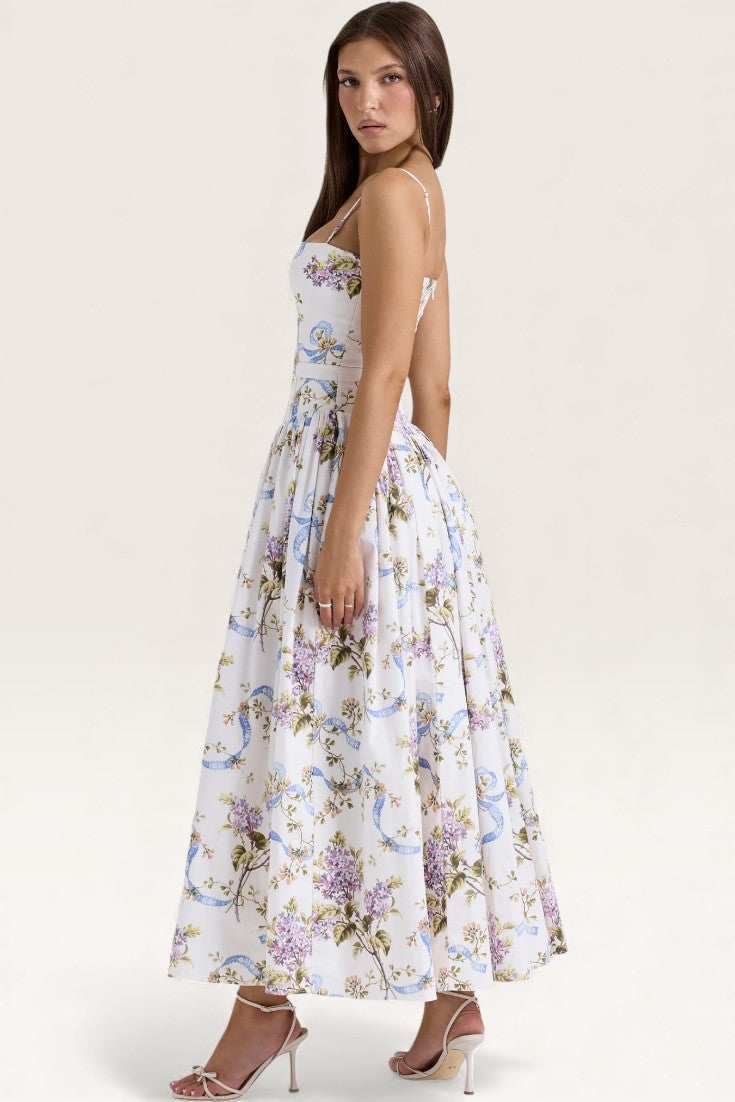White – Floral Strapless Waist-Cinched Dress