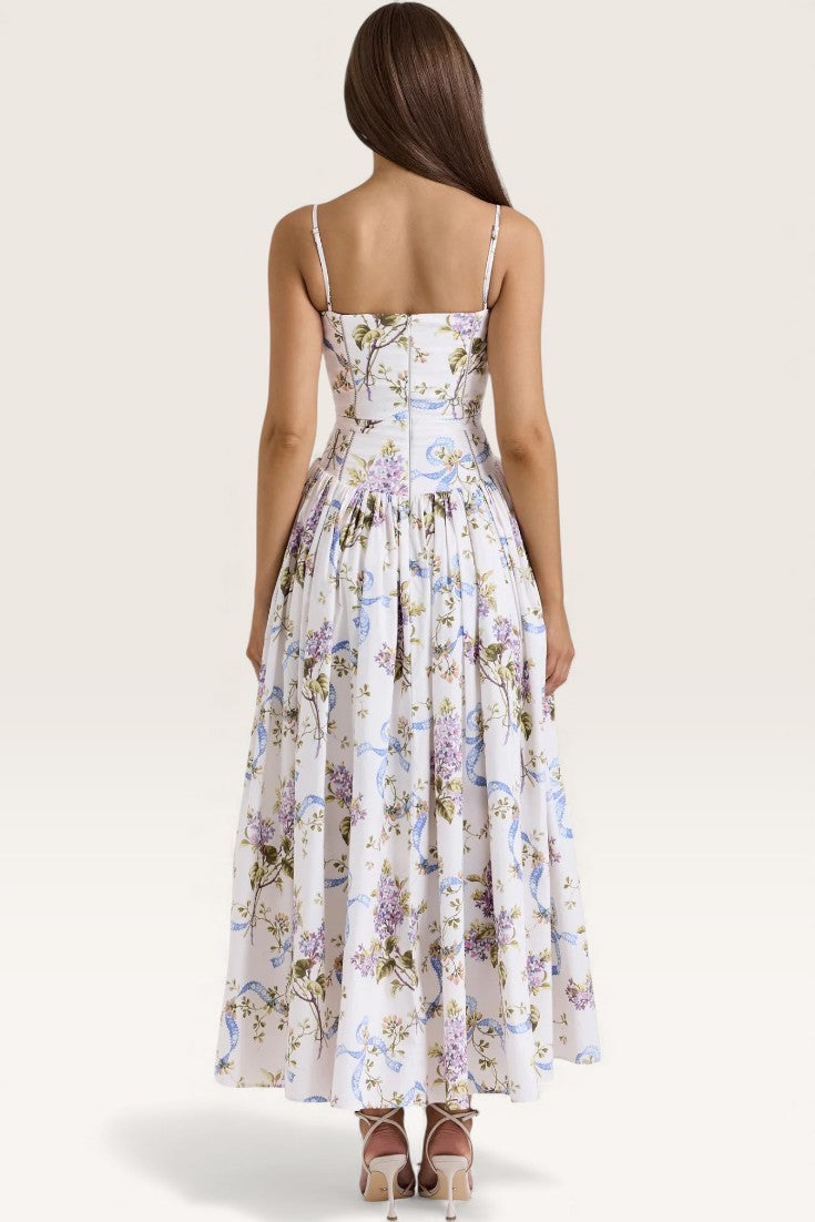 White – Floral Strapless Waist-Cinched Dress