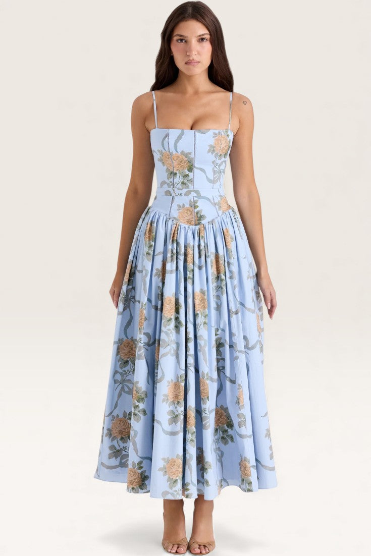 Blue – Elegant Floral Waist-Cinching A-Line Dress